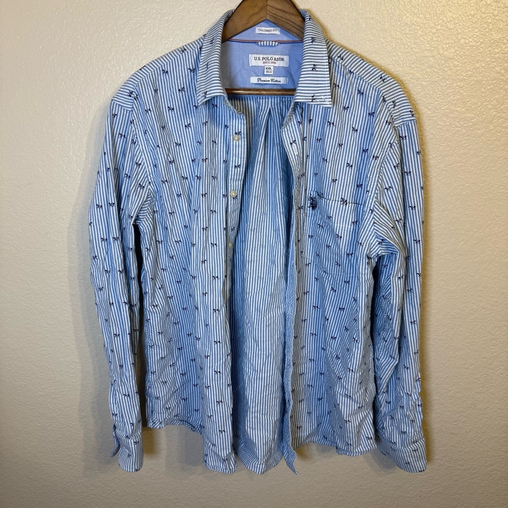 U.S. Polo Assn. Light Blue Striped and Horse Patterned Men's Shirt